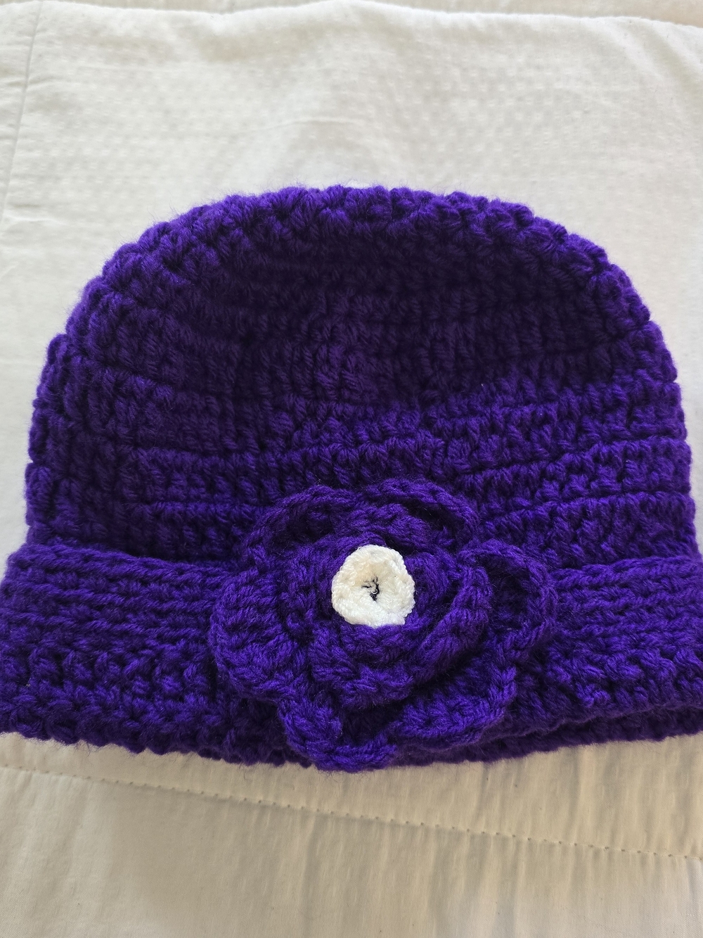 Handmade Purple Crochet Beanie with Flower Accent